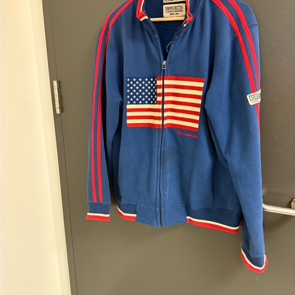 Men’s vintage Y2K rare L GUC some drains Mondetta Blue zip up with American Flag - Picture 3 of 13